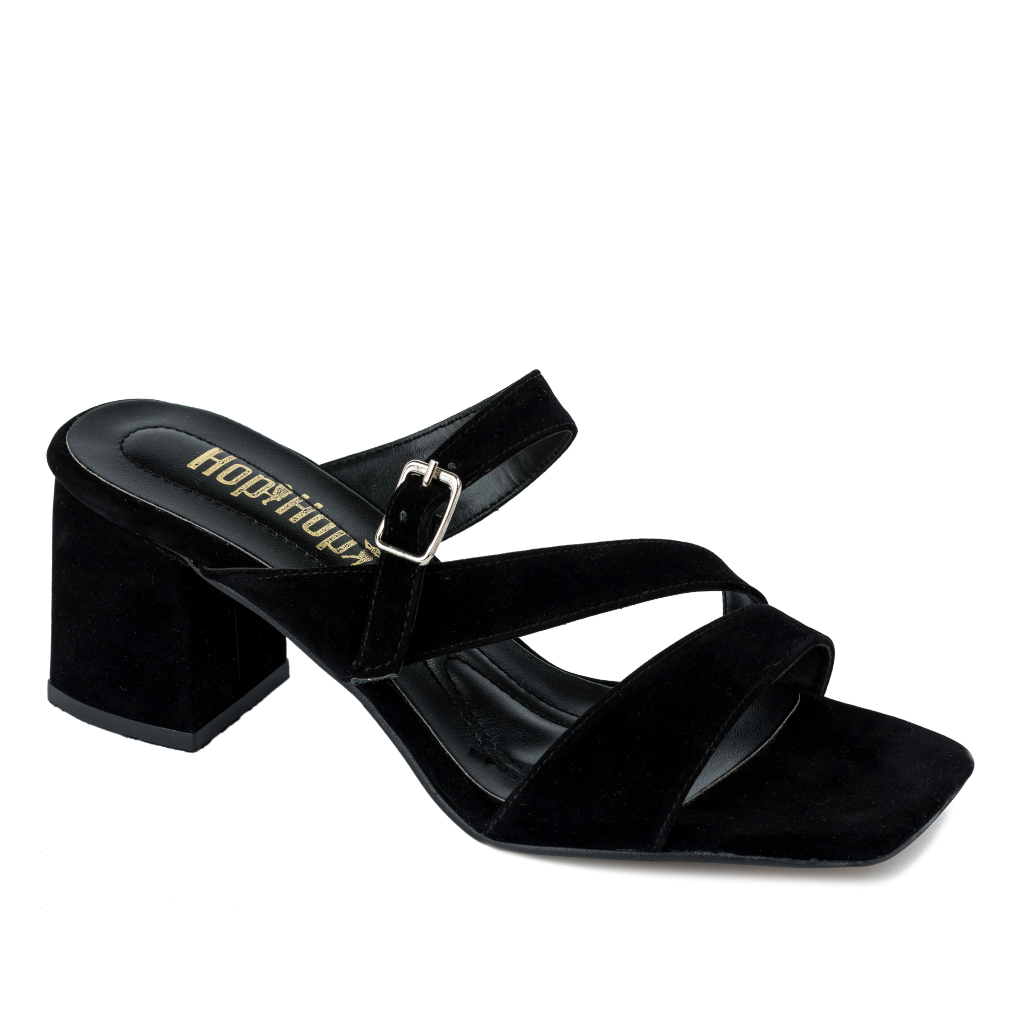 PLUSH MULES WITH BELT AND THICK HEEL - BLACK
