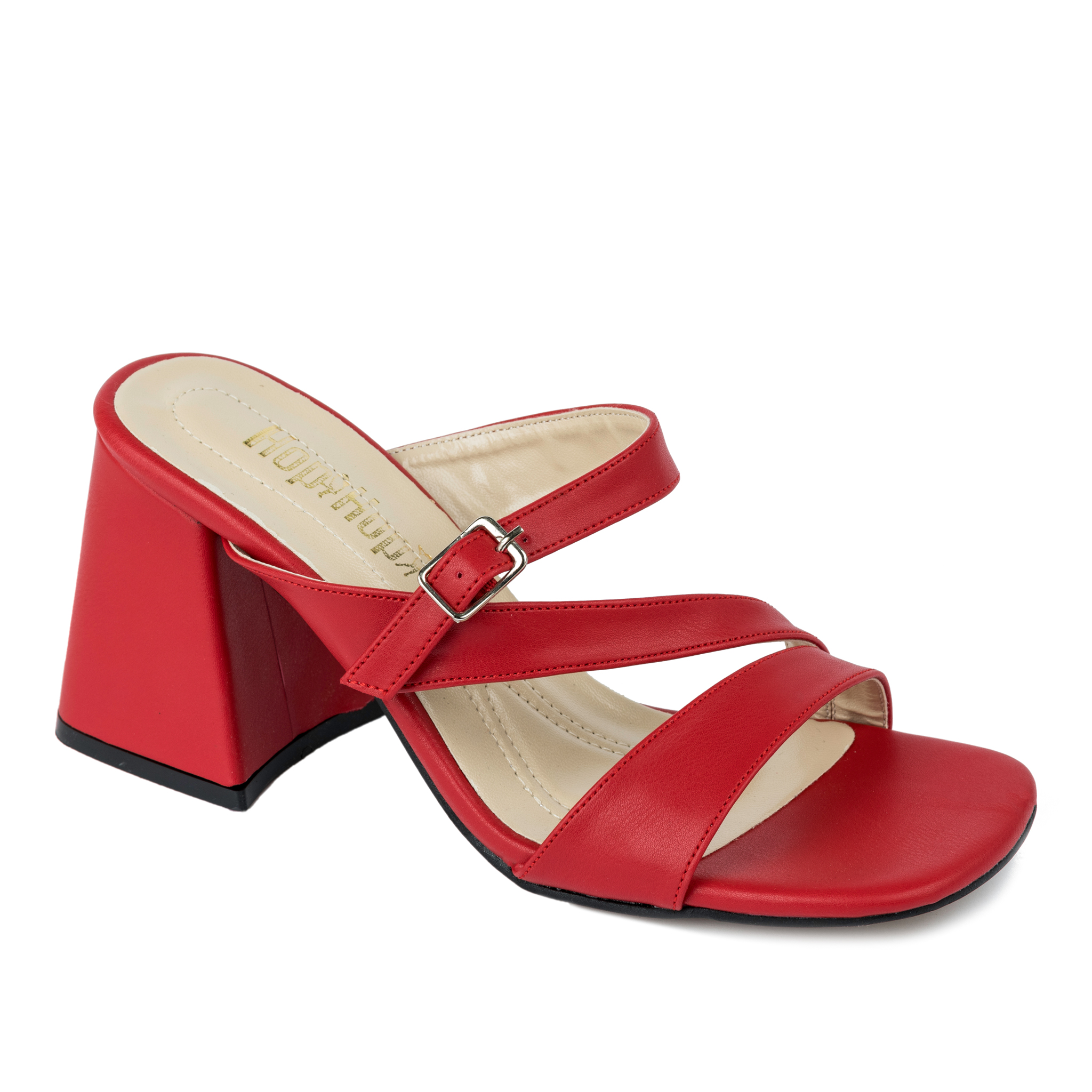 THICK HEEL MULES WITH BELT  - RED