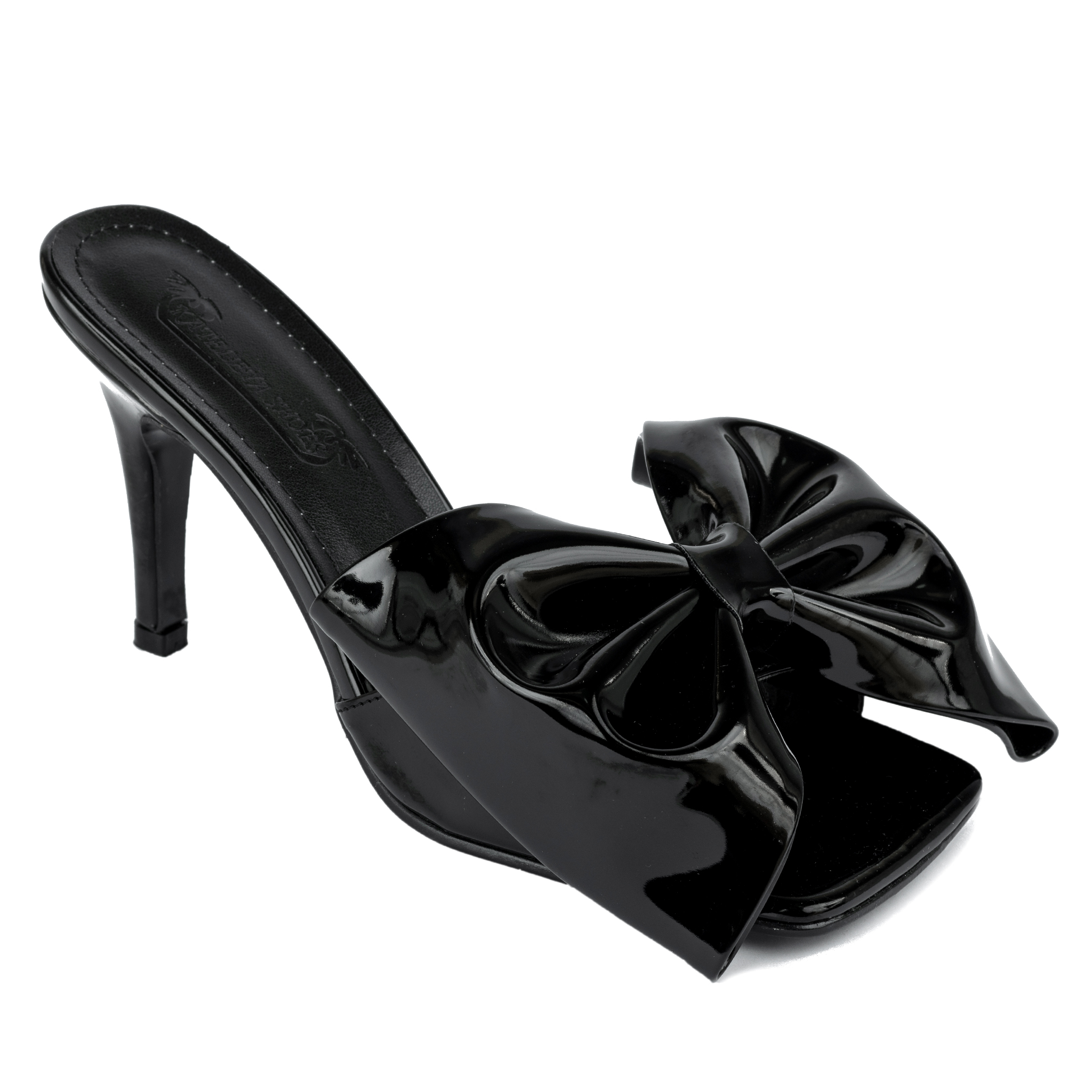 PATENT MULES WITH THIN HEEL AND BOW - BLACK
