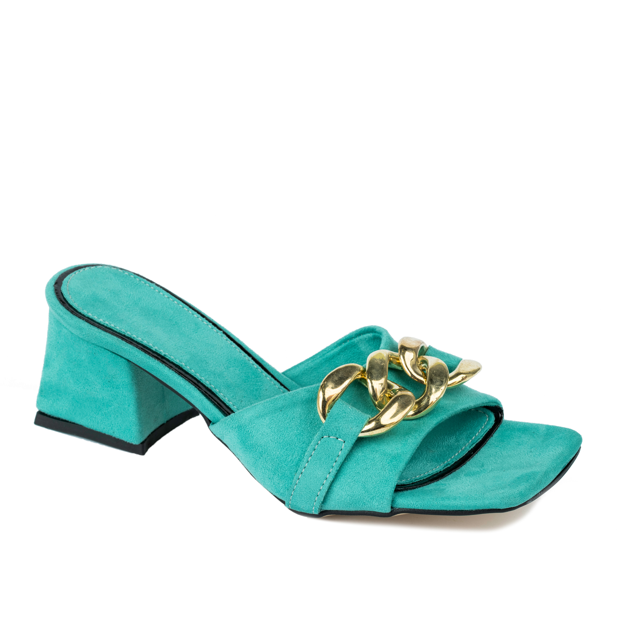 VELOUR THICK HEEL MULES WITH CHAIN - MINT
