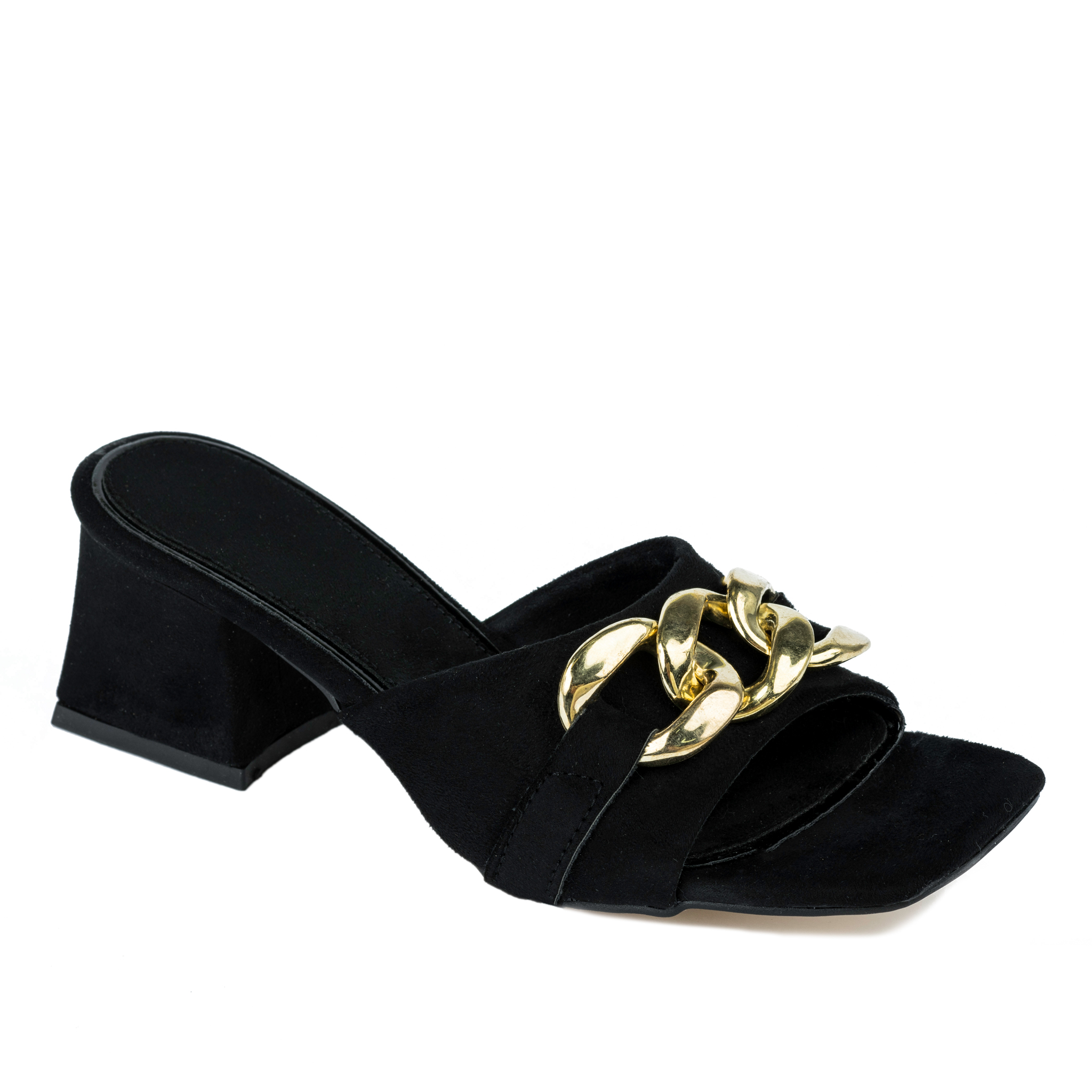 VELOUR THICK HEEL MULES WITH CHAIN - BLACK