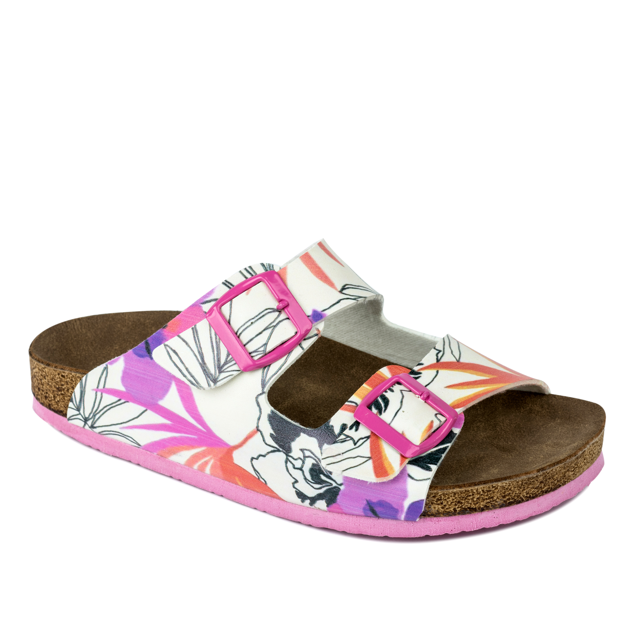 PRINTED SLIPPERS WITH BELTS - WHITE/ROSE