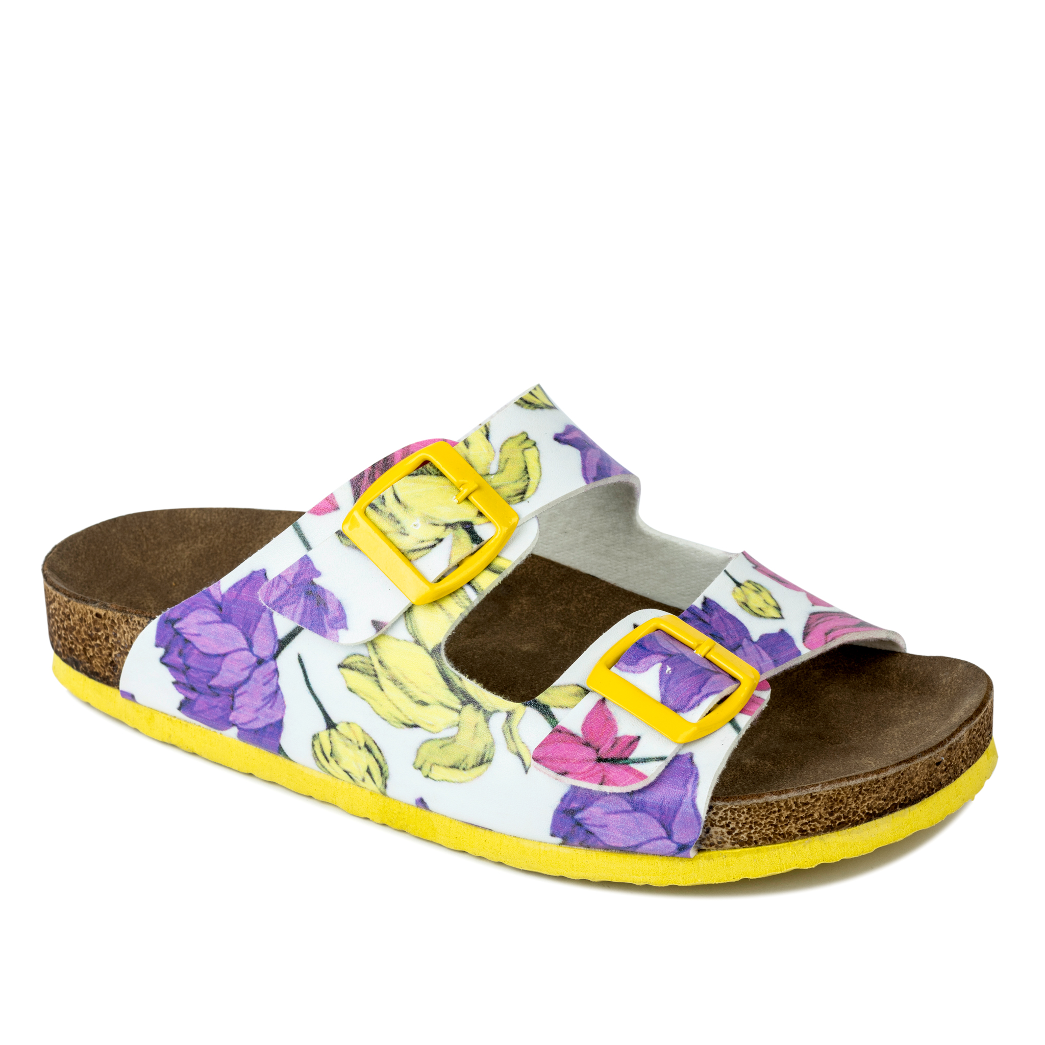 FLAT SLIPPERS WITH BELTS AND FLOWER PRINT - WHITE/YELLOW
