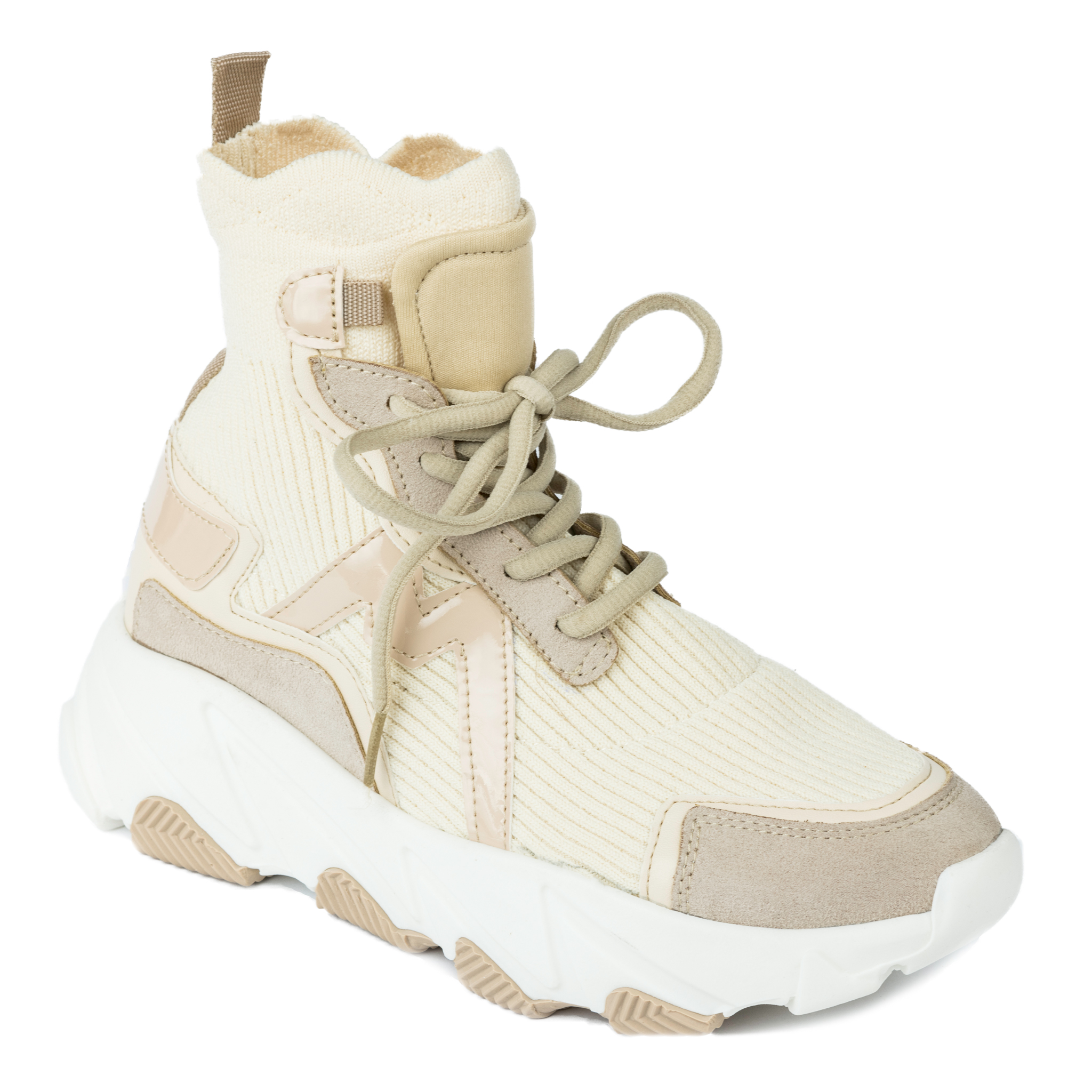HIGH SOLE ANKLE STRETCH SNEAKERS - BEIGE