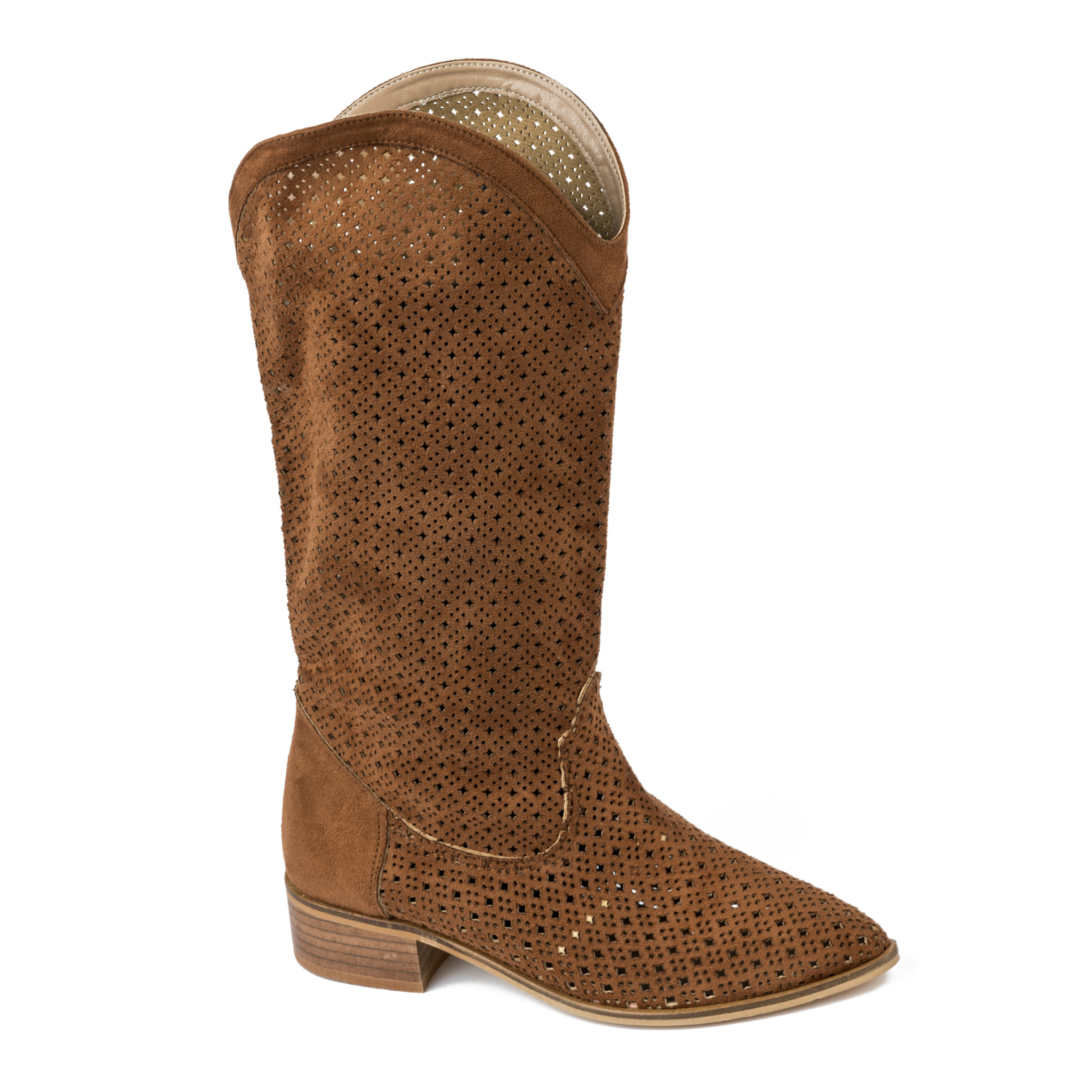 VELOUR HOLLOW PULL ON BOOTS - CAMEL