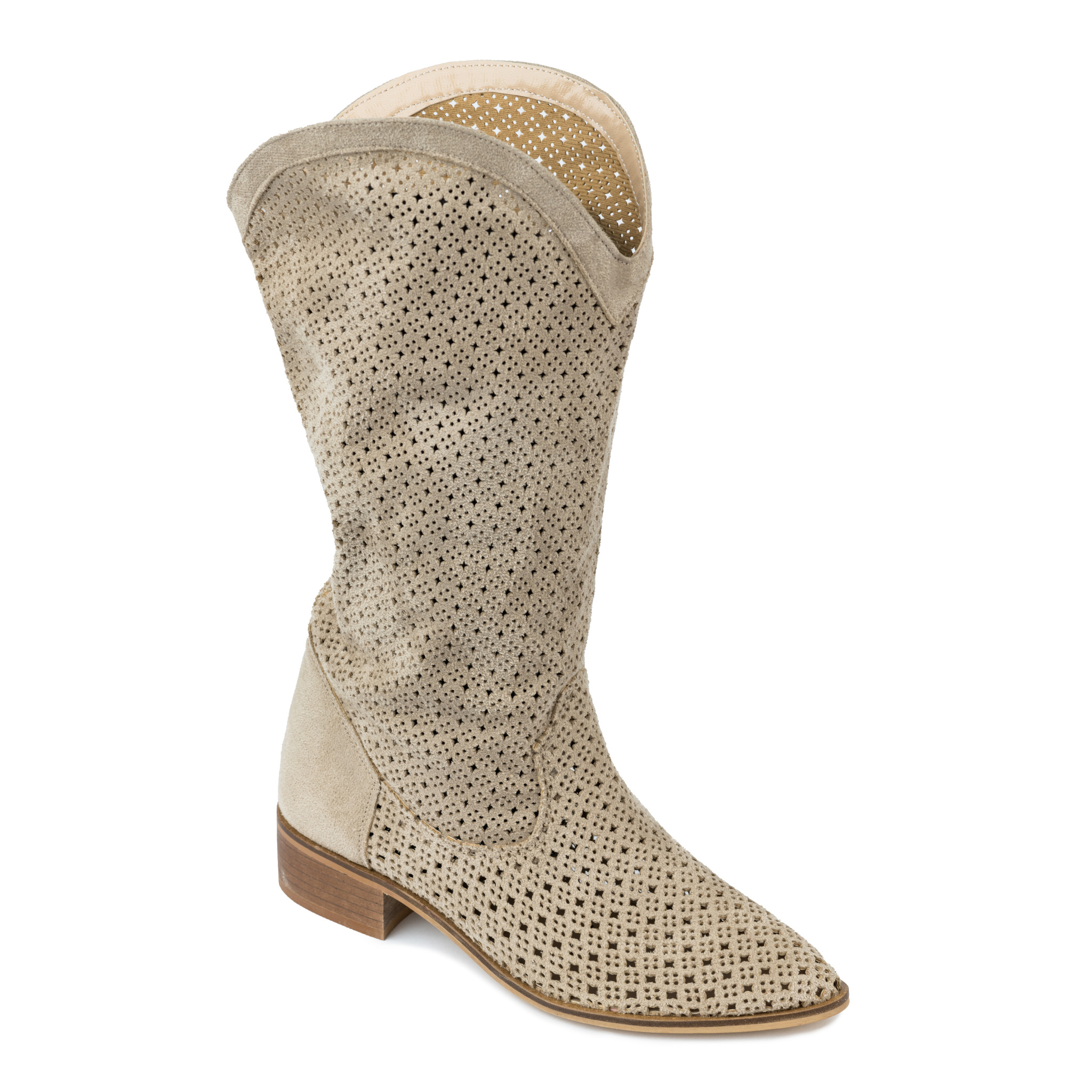 VELOUR HOLLOW PULL ON BOOTS - BEIGE