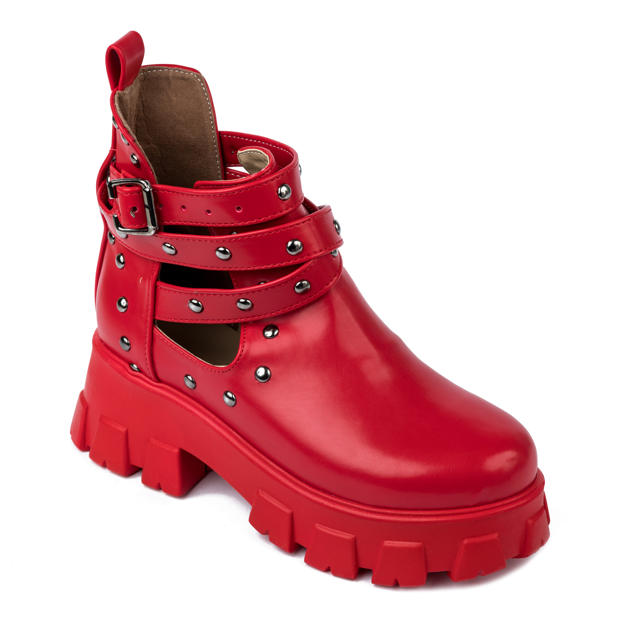 ANKLE BOOTS WITH BELTS AND RIVETS - RED