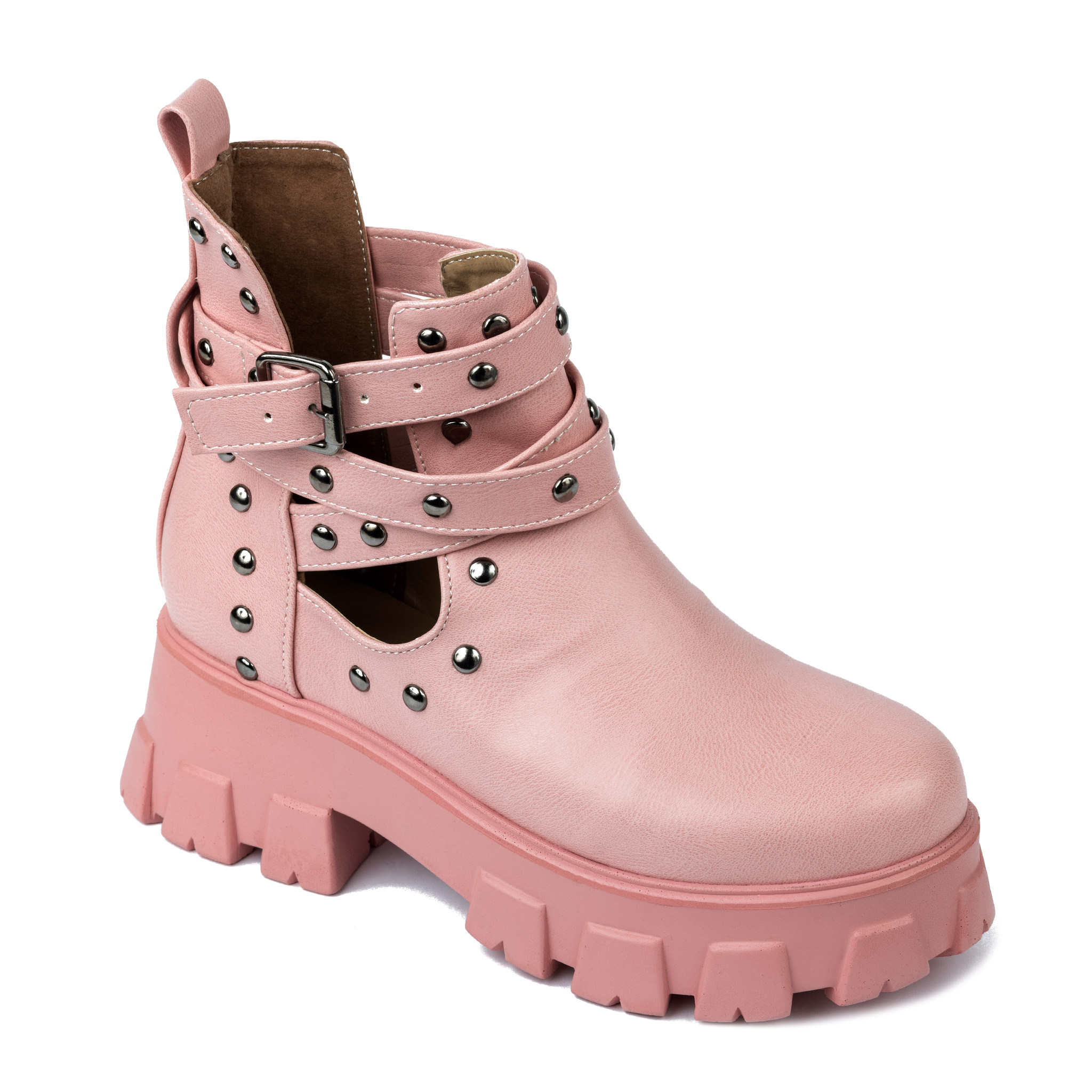 ANKLE BOOTS WITH BELTS AND RIVETS - ROSE