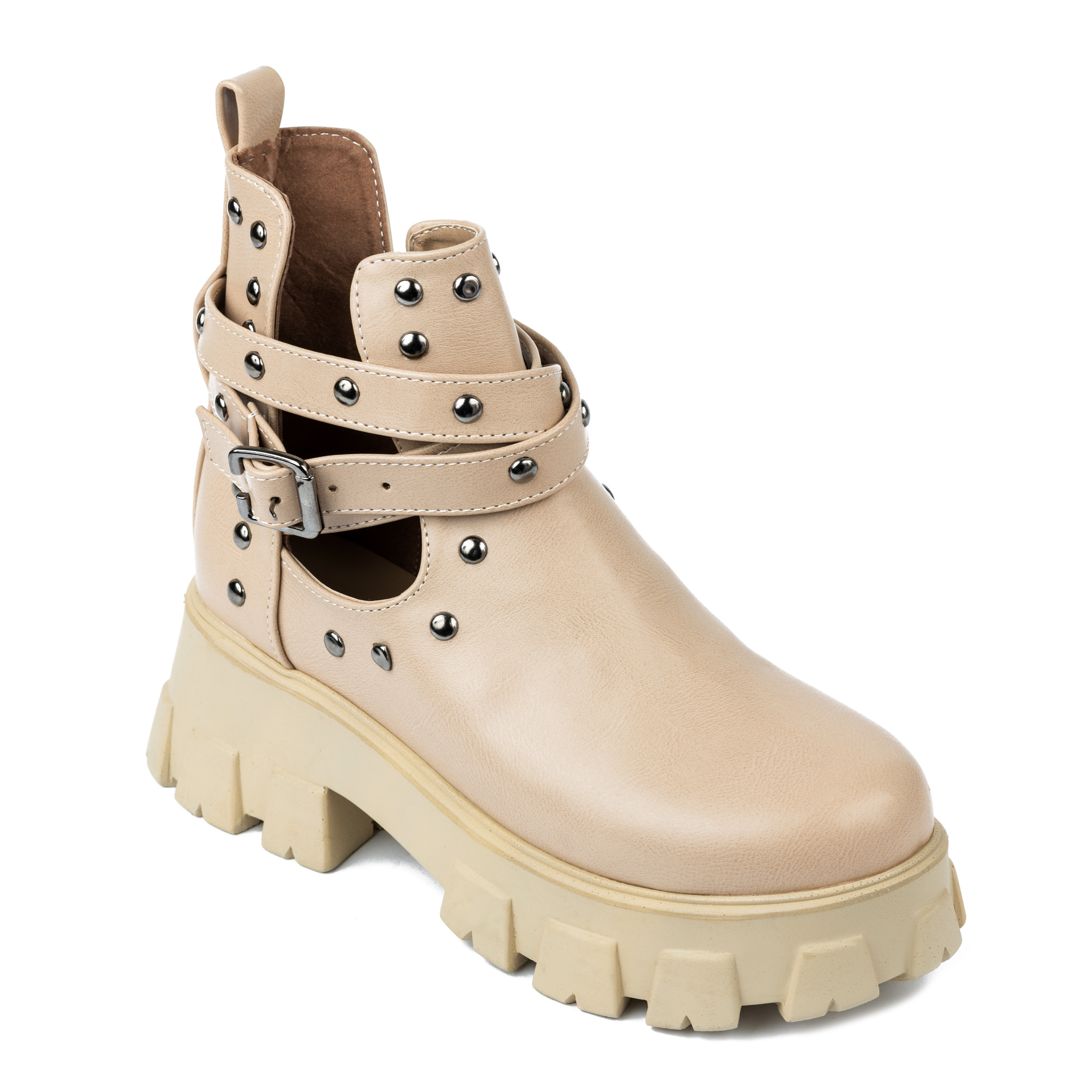 ANKLE BOOTS WITH BELTS AND RIVETS - BEIGE