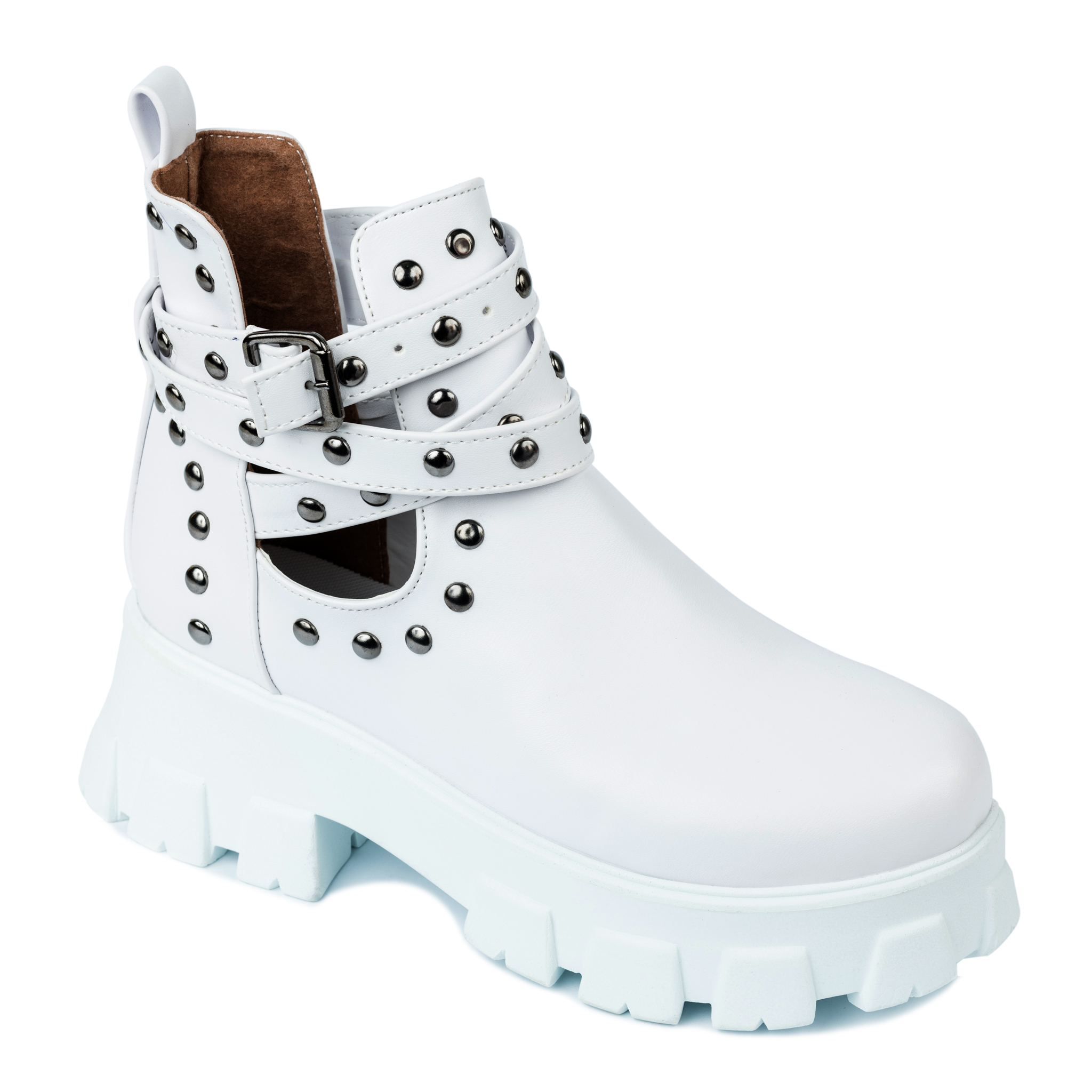 ANKLE BOOTS WITH BELTS AND RIVETS - WHITE