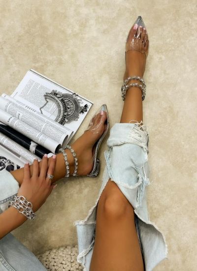 CLEAR FLAT SANDALS WITH ZIRCONS - SILVER