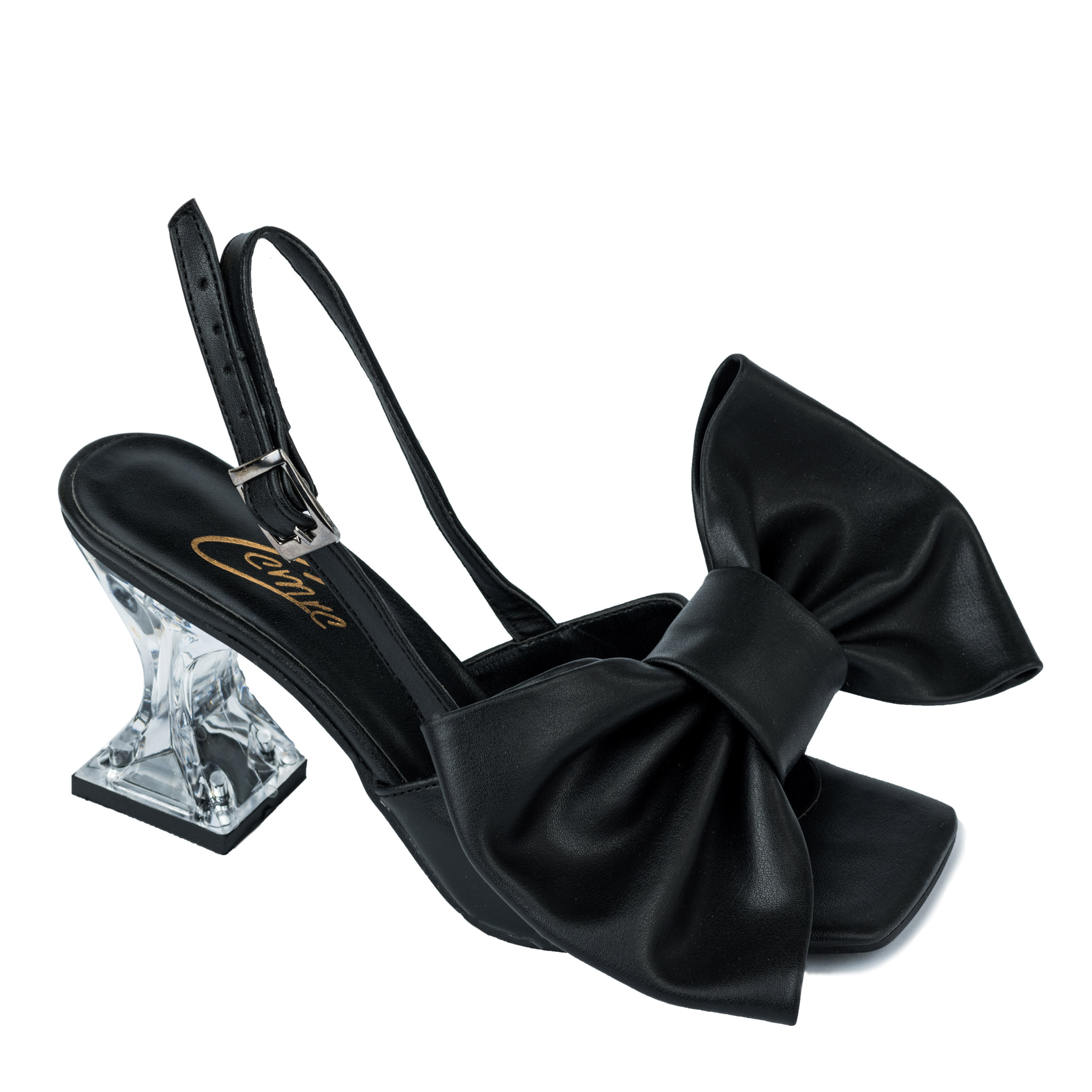 SANDALS WITH CLEAR HEEL AND BOW - BLACK
