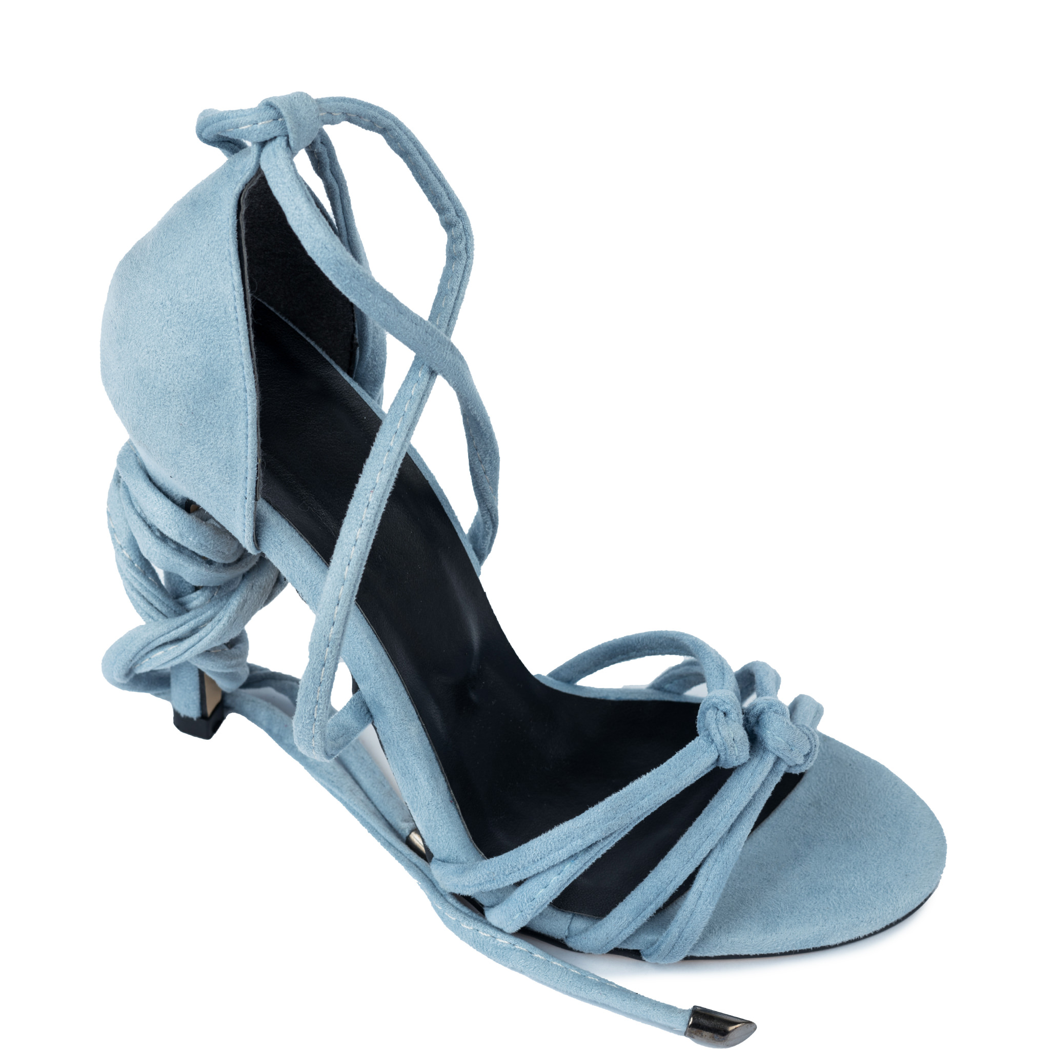 VELOUR LACE UP SANDALS WITH THIN HEEL - BLUE