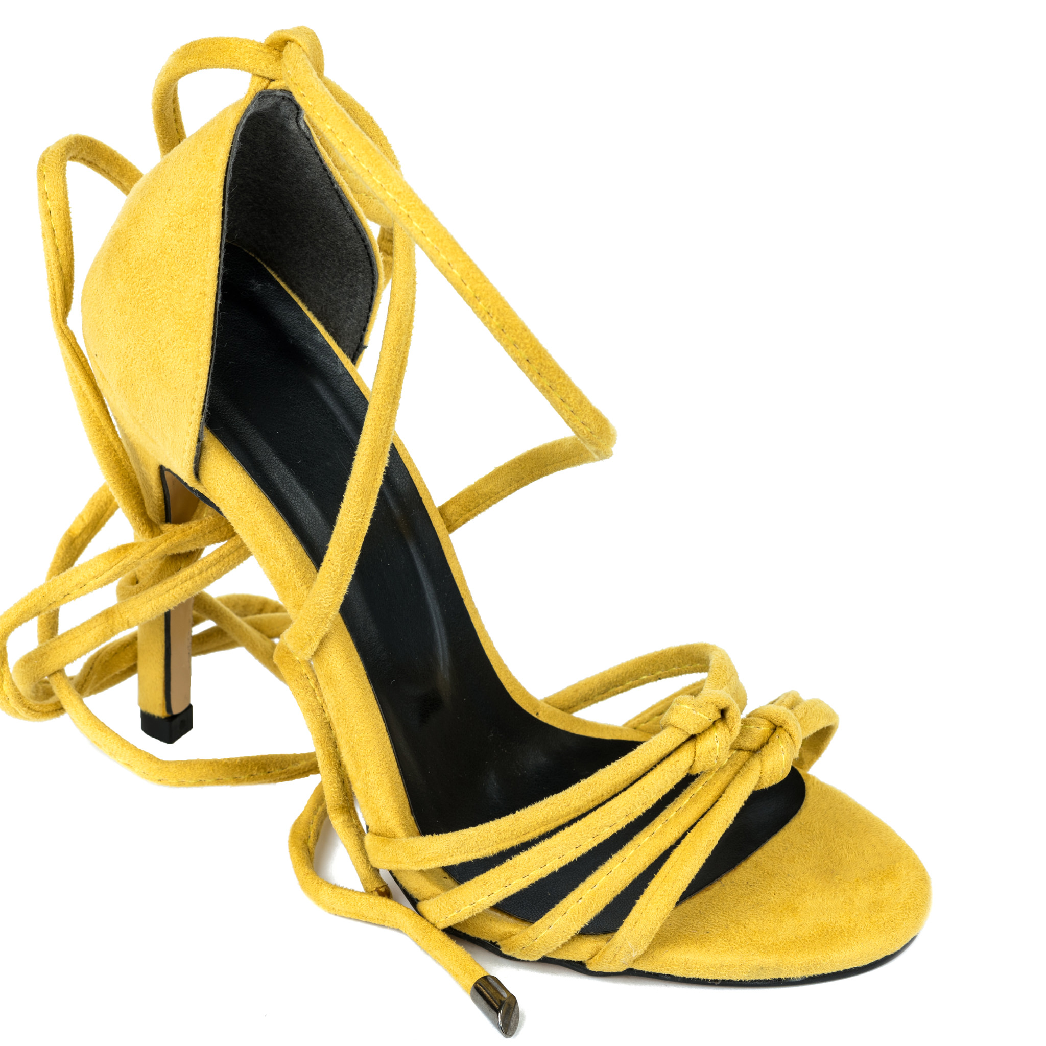 VELOUR LACE UP SANDALS WITH THIN HEEL - YELLOW