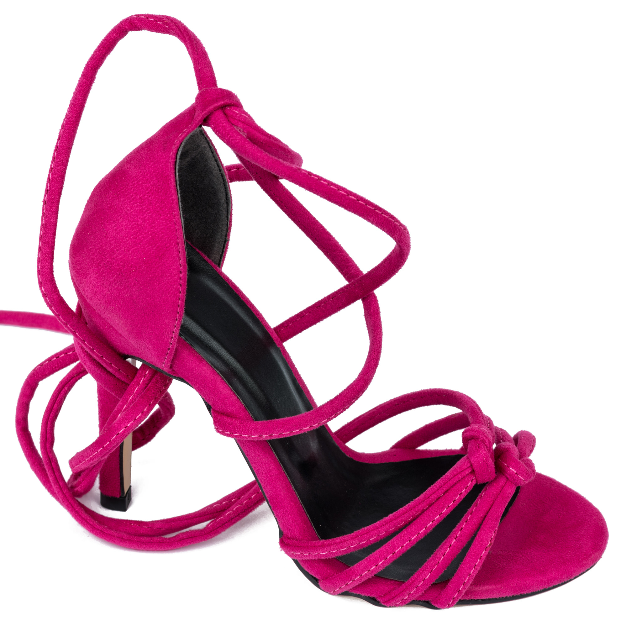 VELOUR LACE UP SANDALS WITH THIN HEEL - PINK