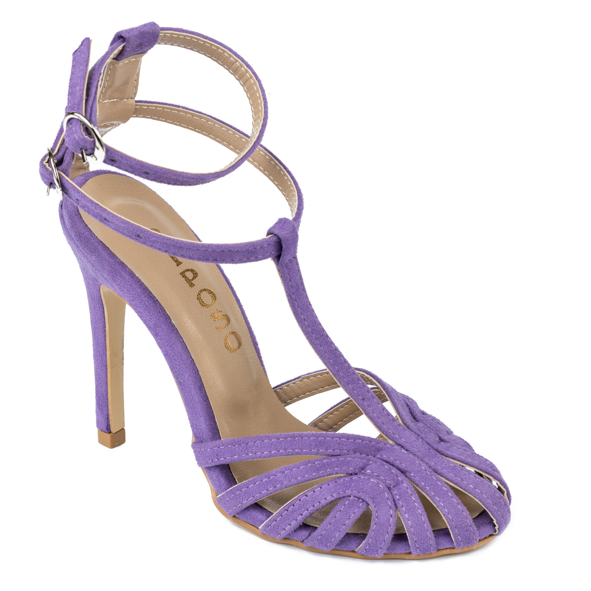 VELOUR SANDALS WITH THIN HEEL AND BELT - PURPLE