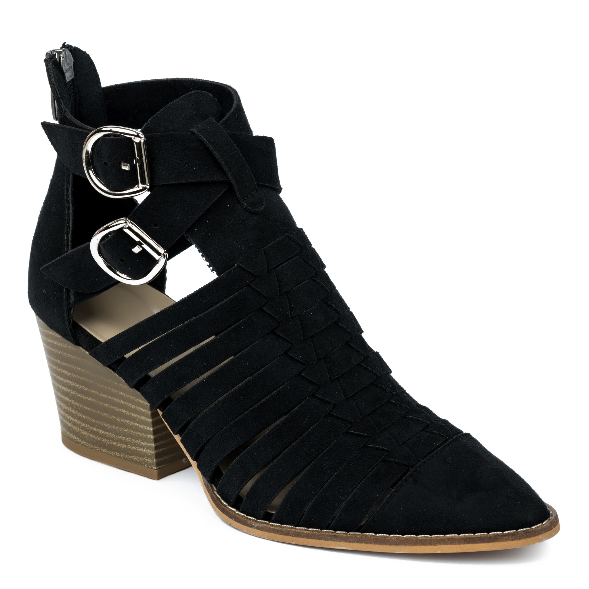 VELOUR ANKLE BOOTS WITH BLOCK HEEL - BLACK