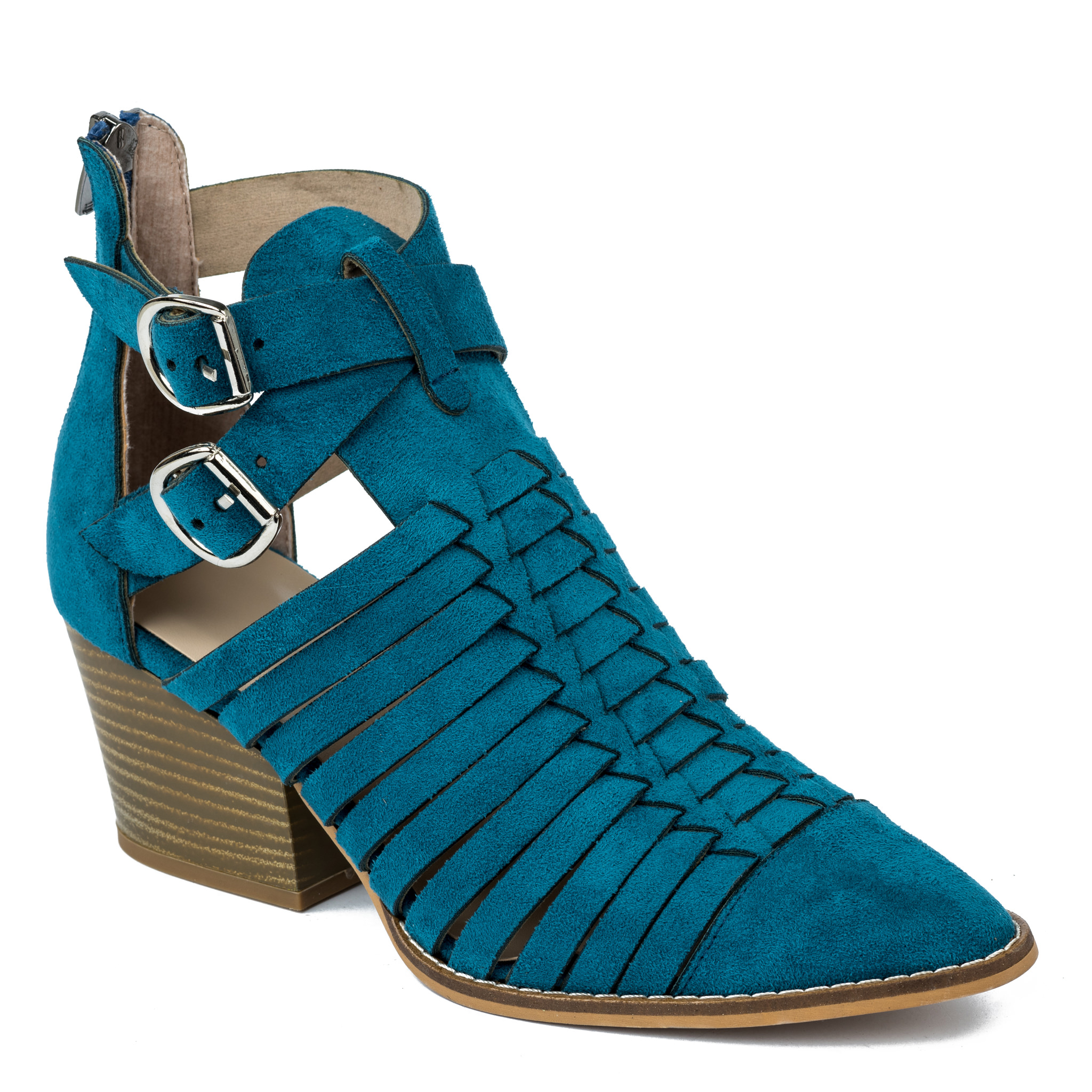 VELOUR ANKLE BOOTS WITH BLOCK HEEL - BLUE